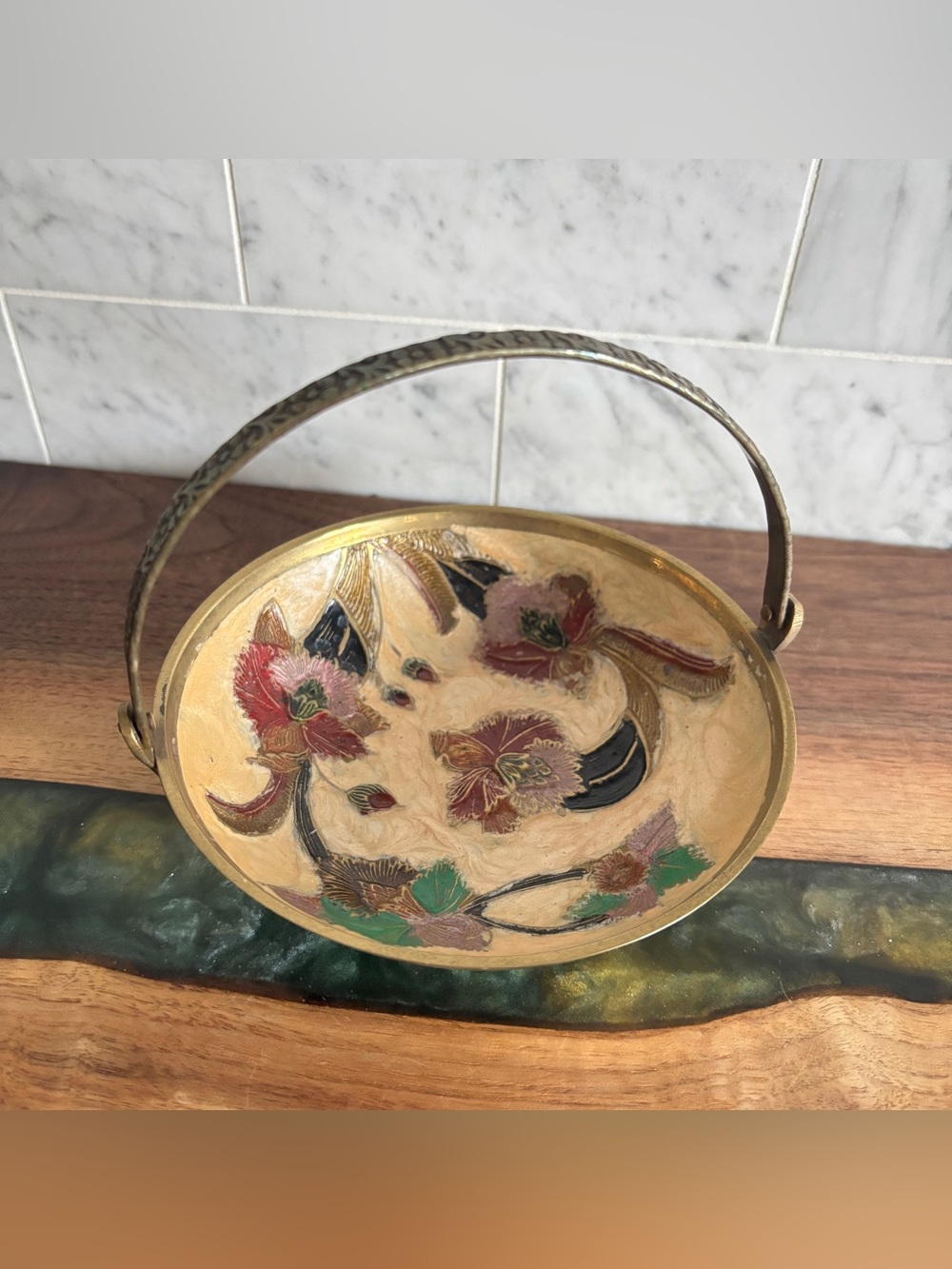 Vintage Enamelled Brass Floral Design Trinket Dish Basket
